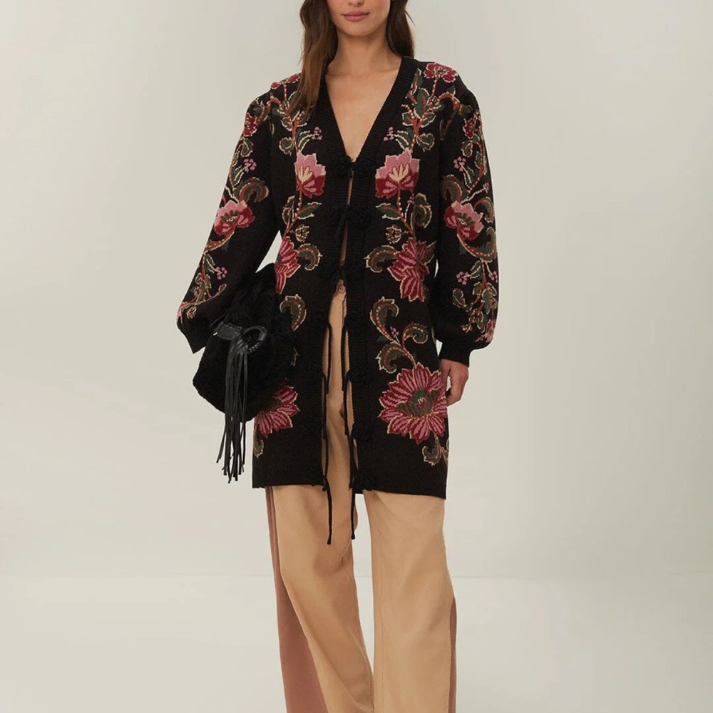 NWT Farm Rio Ravenala Floral Embroidered Black Cardigan